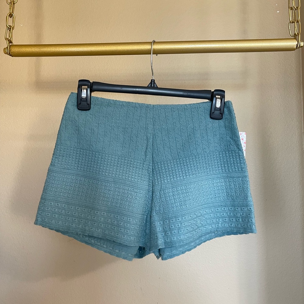 Free People Dark Turqoise Textured Embroidered Cheeky Shorts, size 0. NWT